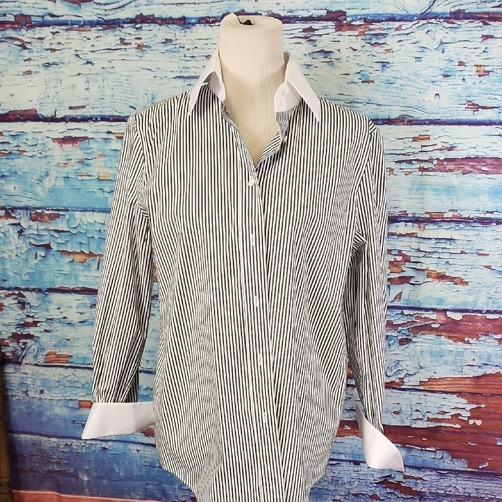 Lafayette 148 New York Black and White Striped Dress Shirt - Picture 1 of 6